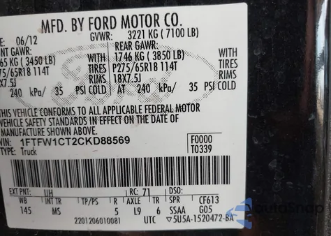 2012 Ford F-150 Xlt z USA, uszkodzony, nr VIN 1FTFW1CT2CKD88569